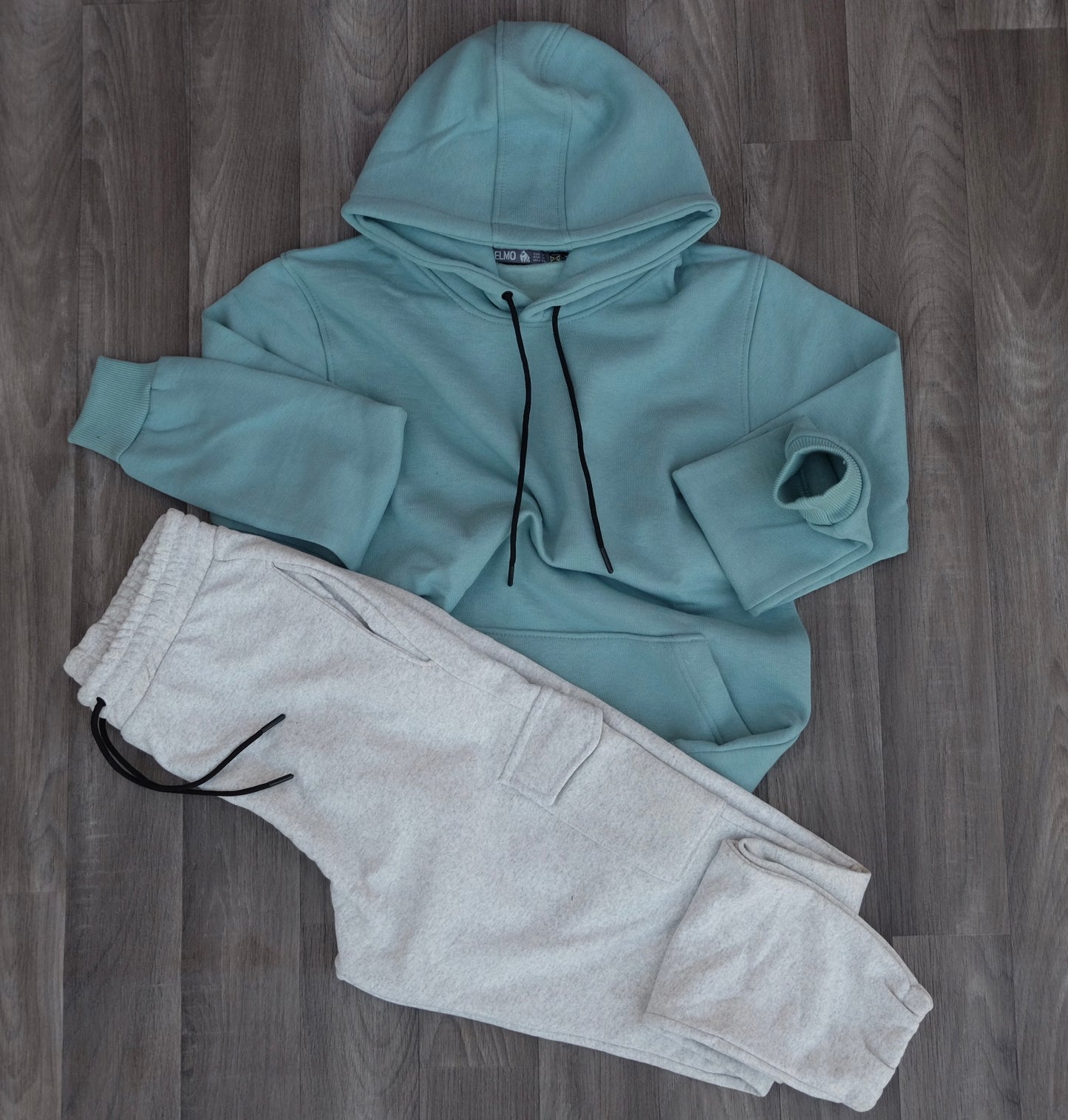 Ensemble Jogging  Cargo Gris Chine Clair + Capuche Cotton Vert Eau