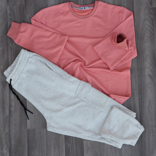 Ensemble Jogging Cargo Gris Chine Clair + Sweat Bleu Mortadelle