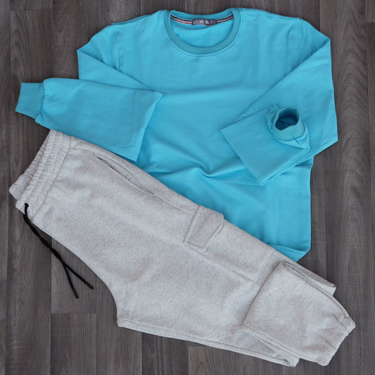 Ensemble Jogging  Cargo Gris Chine Clair + Sweat Turquoise