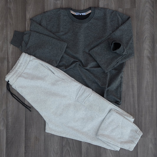 Ensemble Jogging Cargo Gris Chine Claire + Sweat Gris Chine Fonce