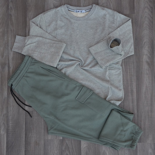 Ensemble Jogging Cargo Kaki Pique + Sweat Gris Chine Claire