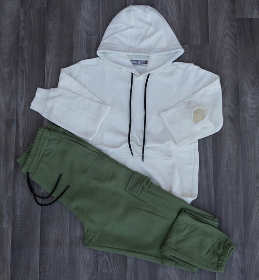 Ensemble Jogging  Cargo Kaki + Capuche Cotton Blanc