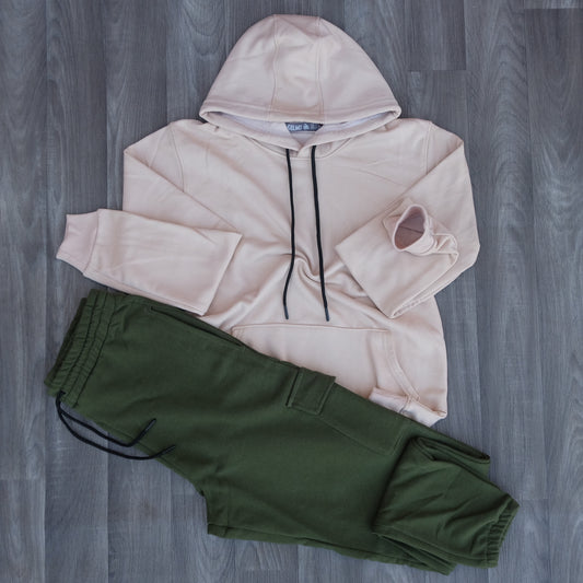 Ensemble Jogging  Cargo Kaki + Capuche Cotton Saumon