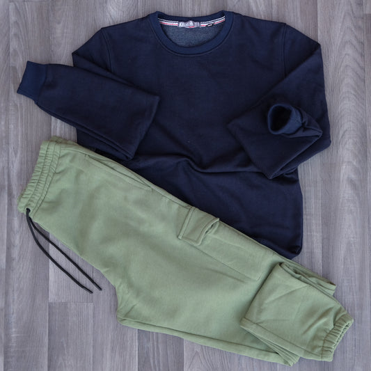 Ensemble Jogging  Cargo Kaki+ Sweat Bleu Marine