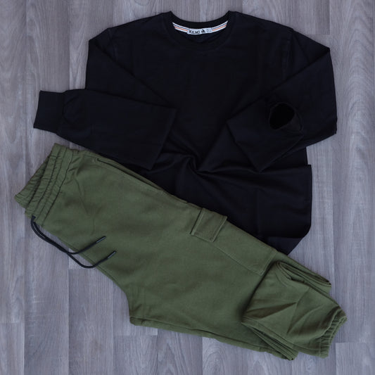 Ensemble Jogging Cargo Kaki + Sweat Noir