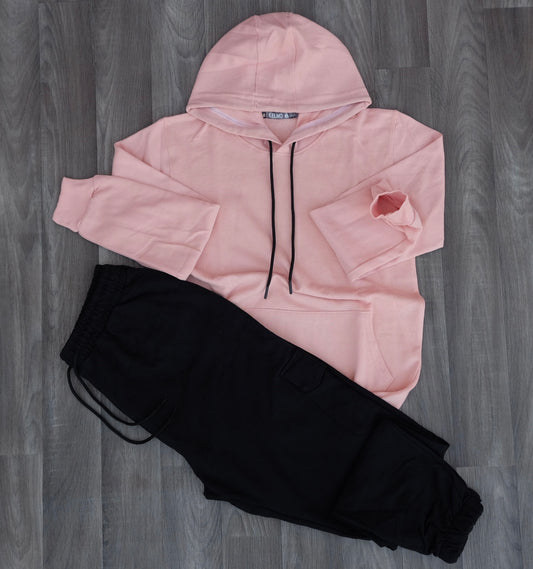 Ensemble Jogging  Cargo Noir + Capuche Cotton Saumon