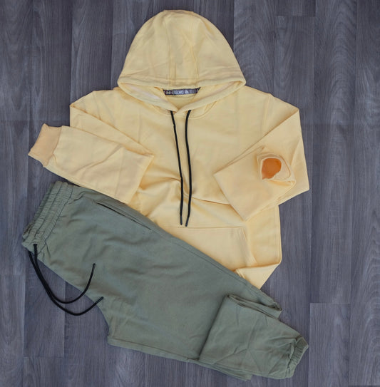 Ensemble Jogging  Kaki Clair + Capuche Cotton Jaune Poussin