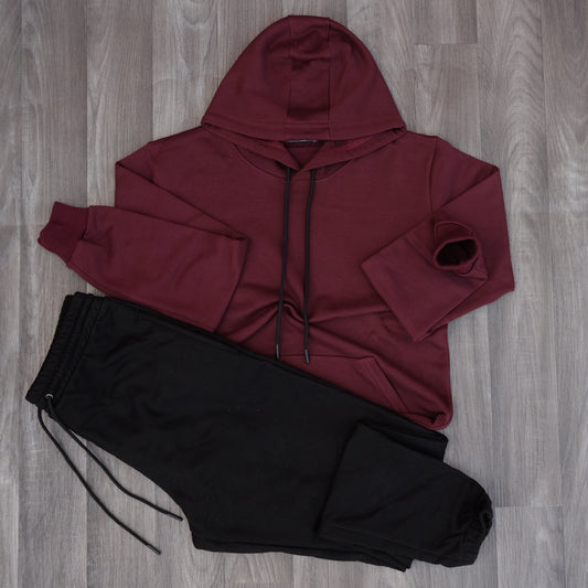 Ensemble Jogging Noir + Capuche Cotton Grenat