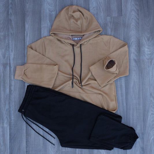 Ensemble Jogging Noir + Capuche Cotton Marron Clair