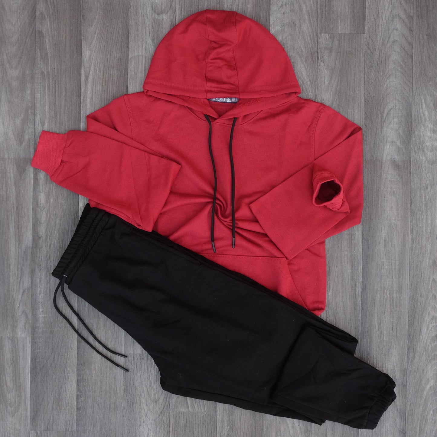 Ensemble Jogging  Noir + Capuche Cotton Rouge Bordeaux