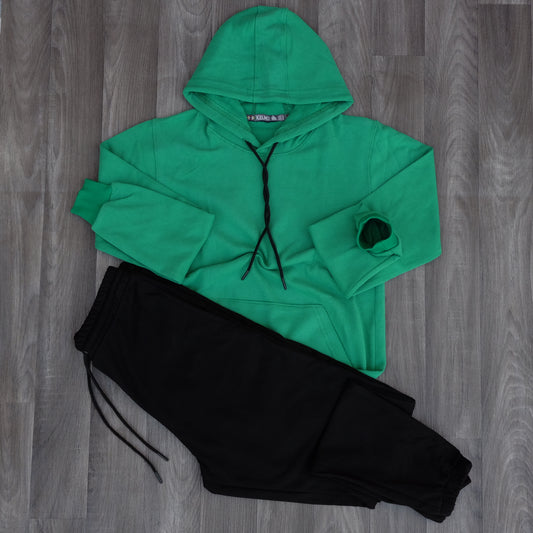 Ensemble Jogging Noir + Capuche Cotton Vert Raj Fonce