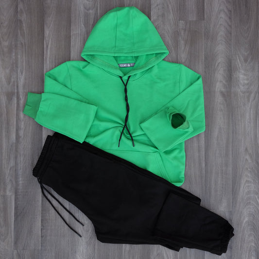 Ensemble Jogging  Noir + Capuche Cotton Vert Raj