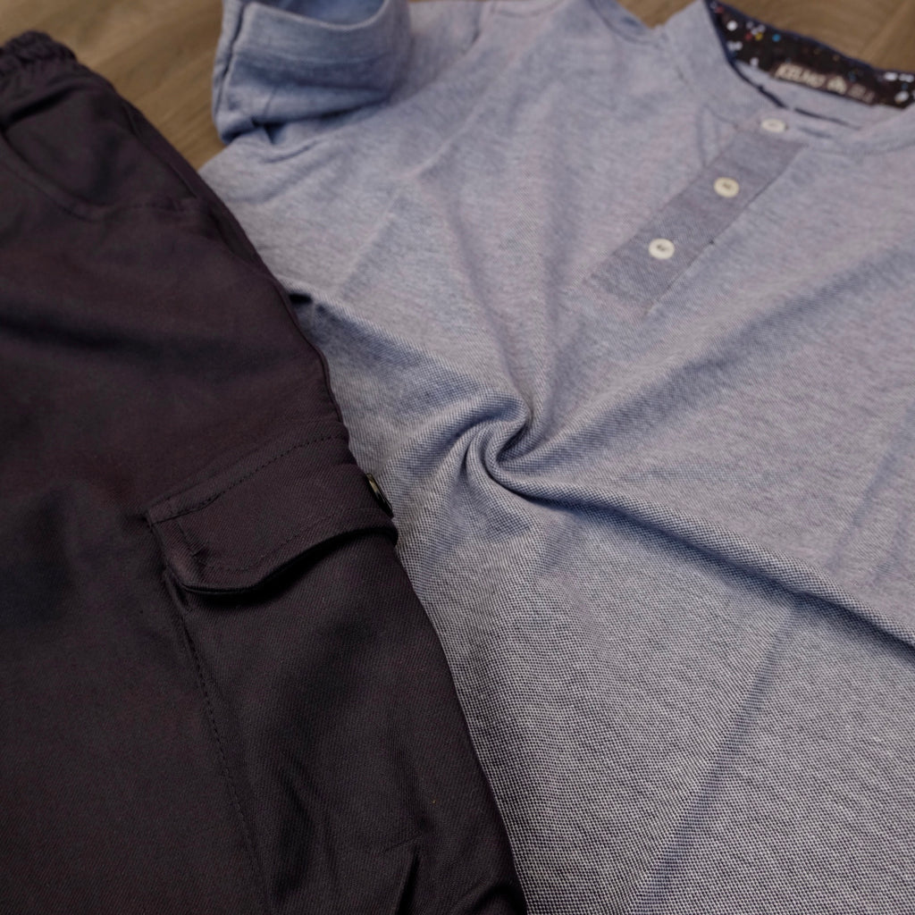 Ensemble Pantalon Cargo Bleu Marine + Polo Mao Gris Chine