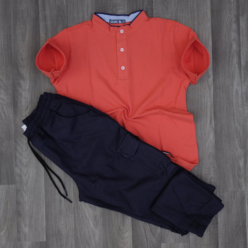 Ensemble Pantalon Cargo Bleu Marine + Polo Mao Orange