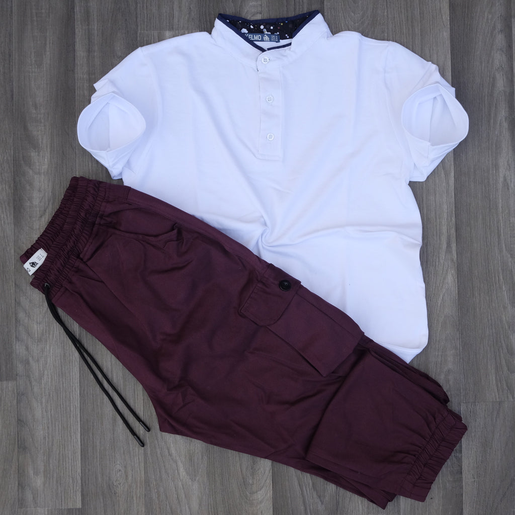 Ensemble Pantalon Cargo Grenat + Polo Mao Blanc
