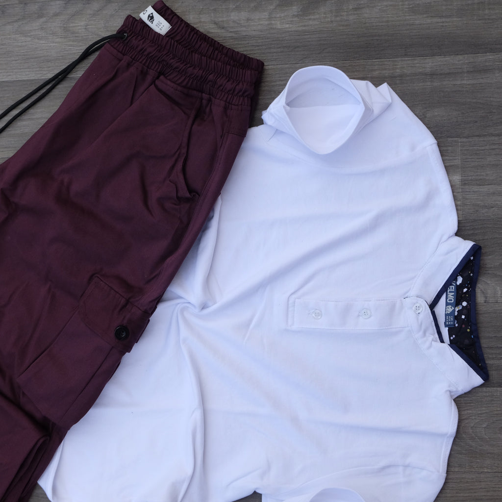 Ensemble Pantalon Cargo Grenat + Polo Mao Blanc