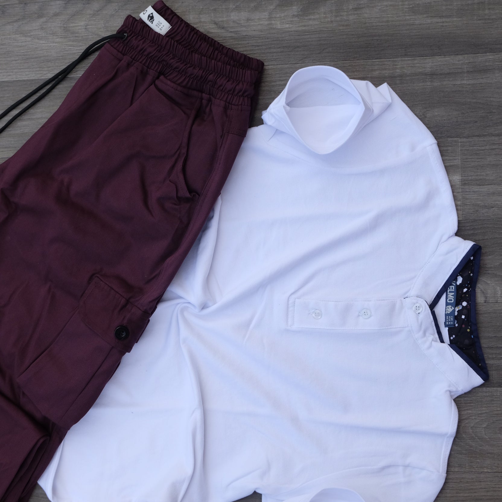 Ensemble Pantalon Cargo Grenat + Polo Mao Blanc