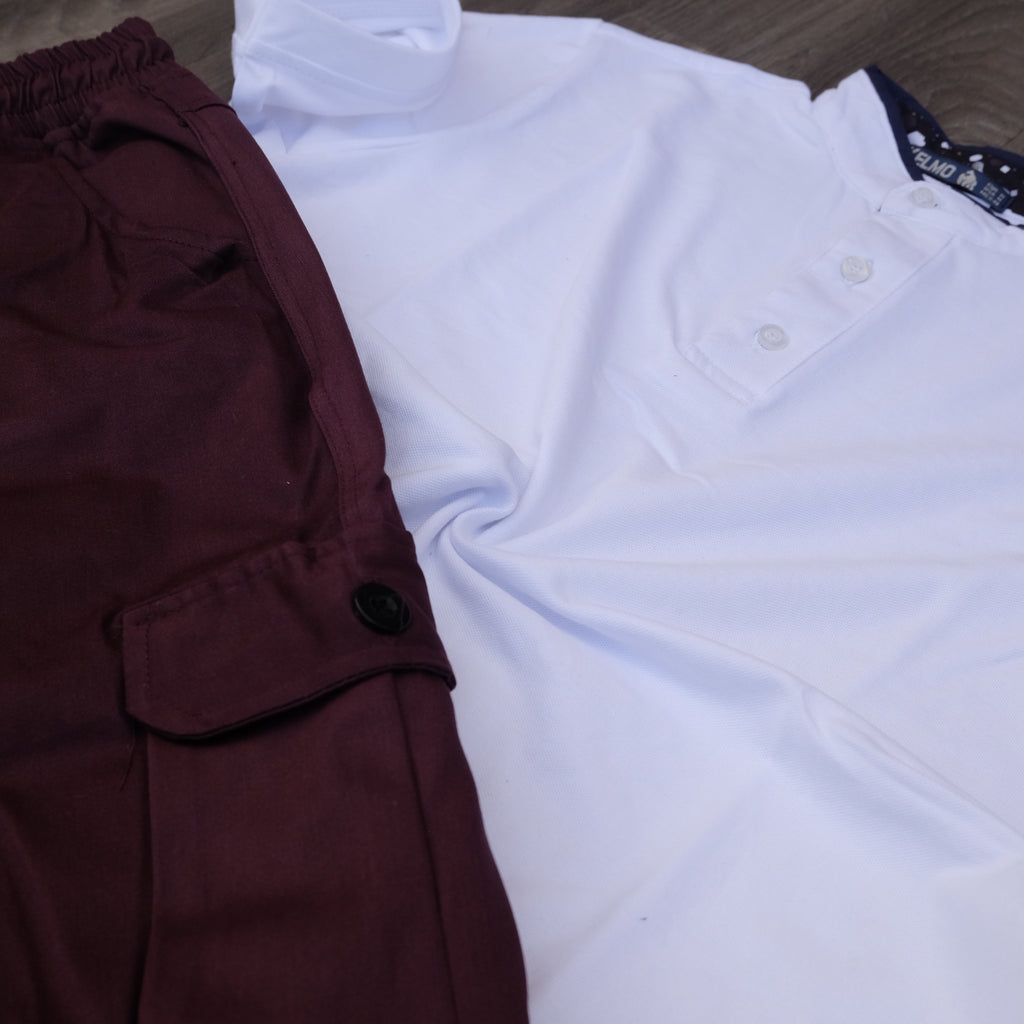 Ensemble Pantalon Cargo Grenat + Polo Mao Blanc
