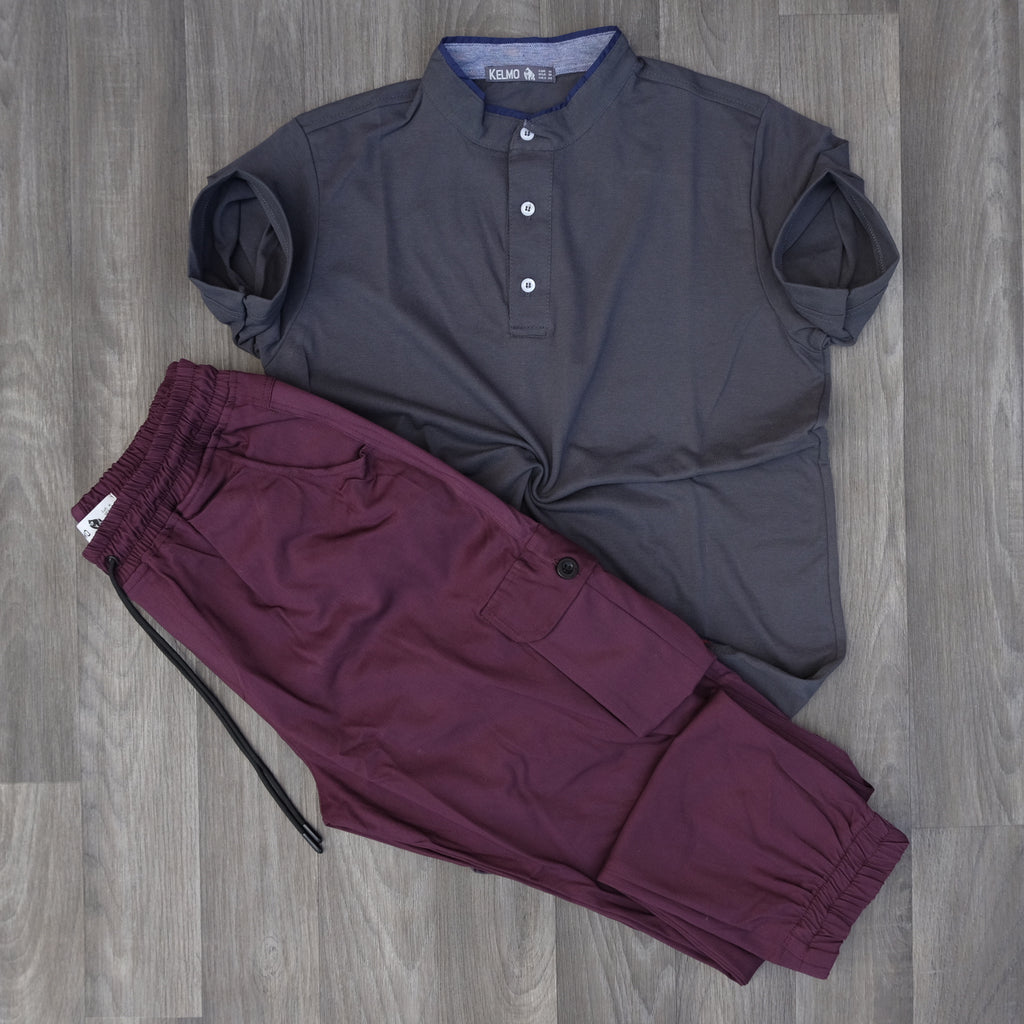 Ensemble Pantalon Cargo Grenat + Polo Mao Gris Fonce