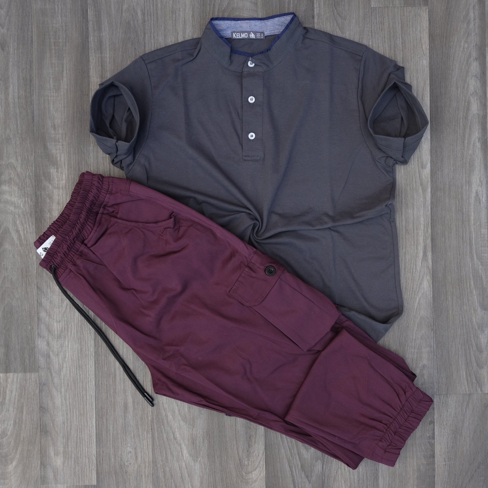 Ensemble Pantalon Cargo Grenat + Polo Mao Gris Fonce