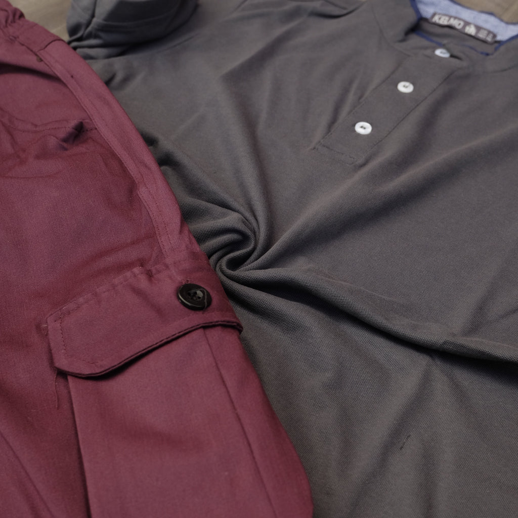 Ensemble Pantalon Cargo Grenat + Polo Mao Gris Fonce