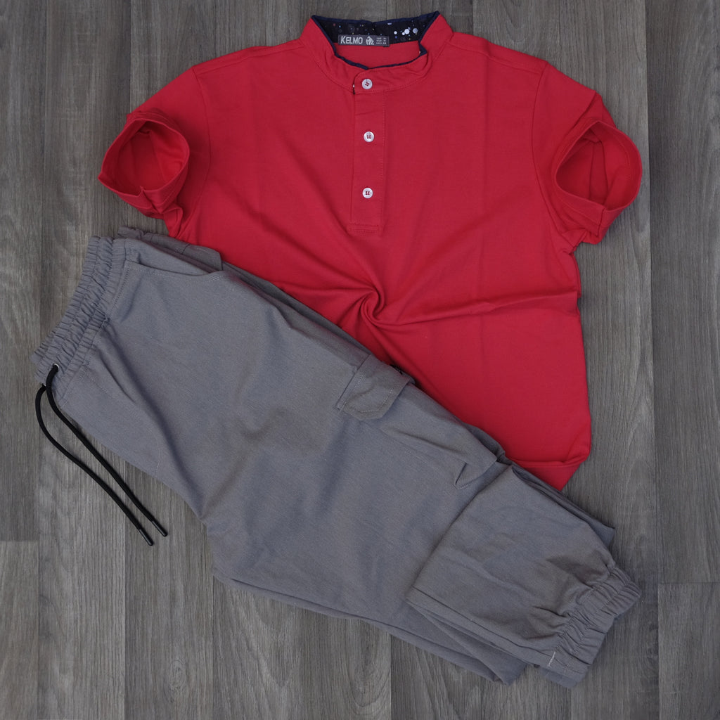 Ensemble Pantalon Cargo Gris Clair + Polo Mao Rouge