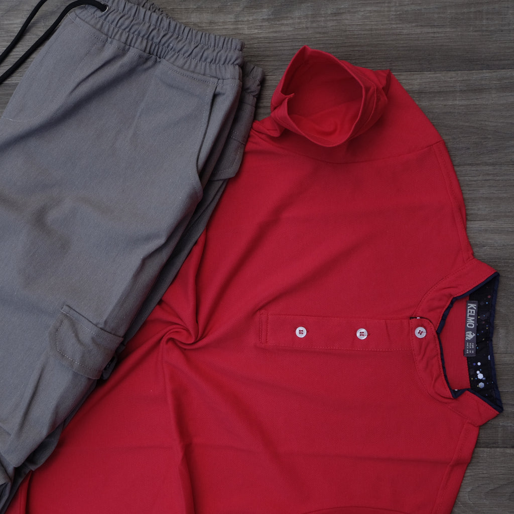 Ensemble Pantalon Cargo Gris Clair + Polo Mao Rouge