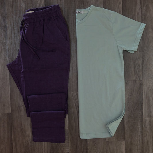 Ensemble Pantalon Lin Mauve +T-Shirt Vert Nik