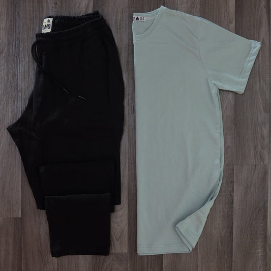 Ensemble Pantalon Lin Noir +T-Shirt Vert Nik