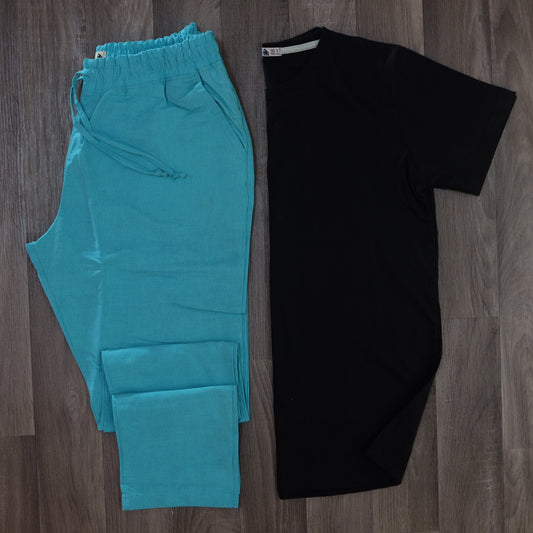 Ensemble Pantalon Lin Turquoise +T-Shirt Noir