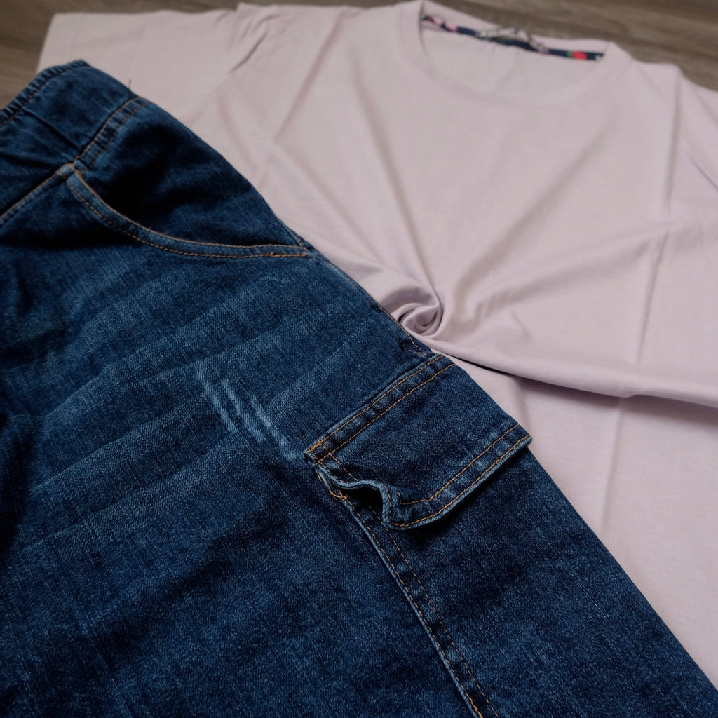 Ensemble Short Cargo Baggy Jeans Délavé Bleu  + T-Shirt Mauve Clair