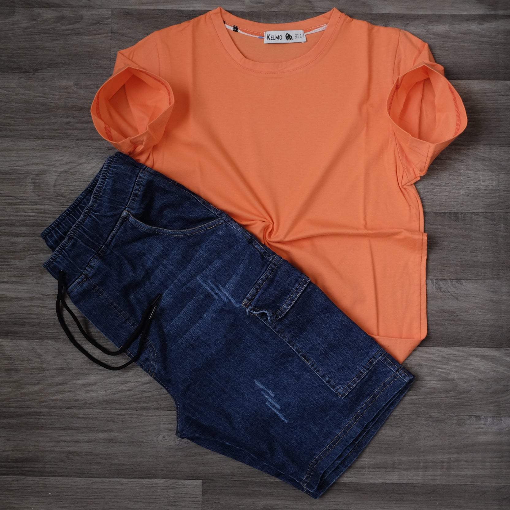 Ensemble Short Cargo Baggy Jeans Délavé Bleu  + T-Shirt Orange