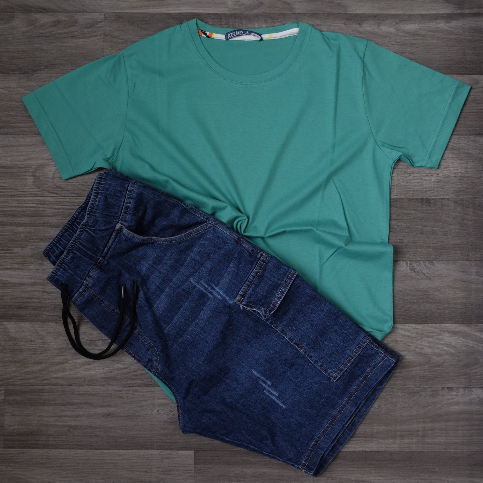 Ensemble Short Cargo Baggy Jeans Délavé Bleu  + T-Shirt Vert Raj