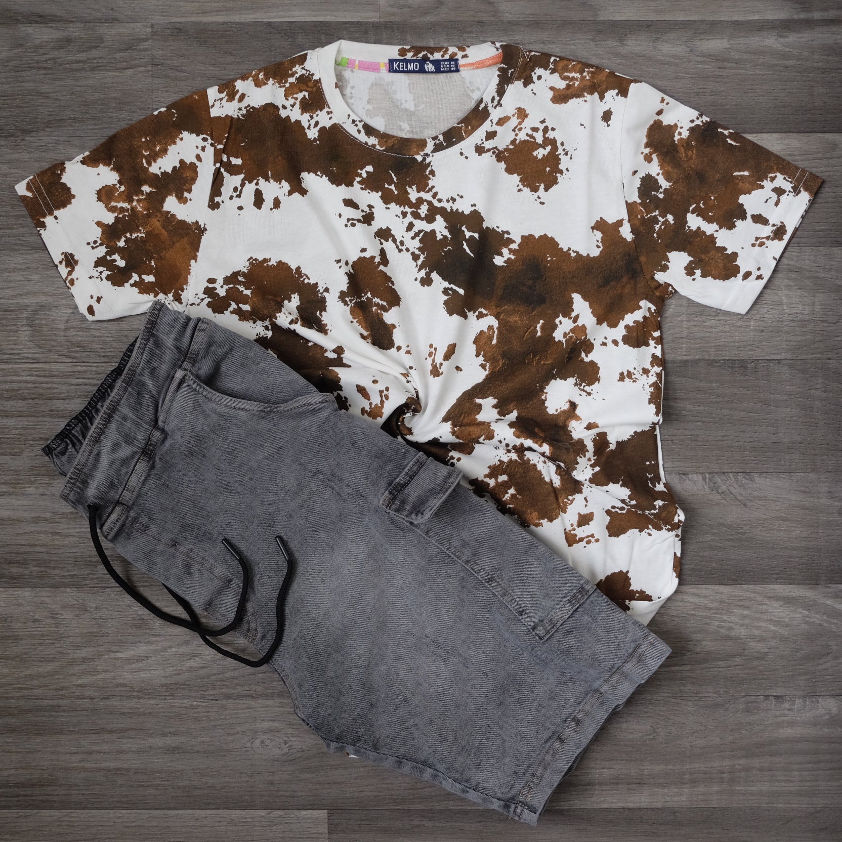 Ensemble Short Cargo Baggy Jeans Délavé Gris  + T-Shirt Tie Dye