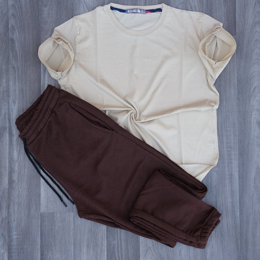 Ensemble T-Shirt Beige Clair + Jogging Marron Fonce