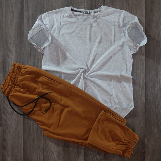 Ensemble T-Shirt Gris Chine Clair + Jogging Marron