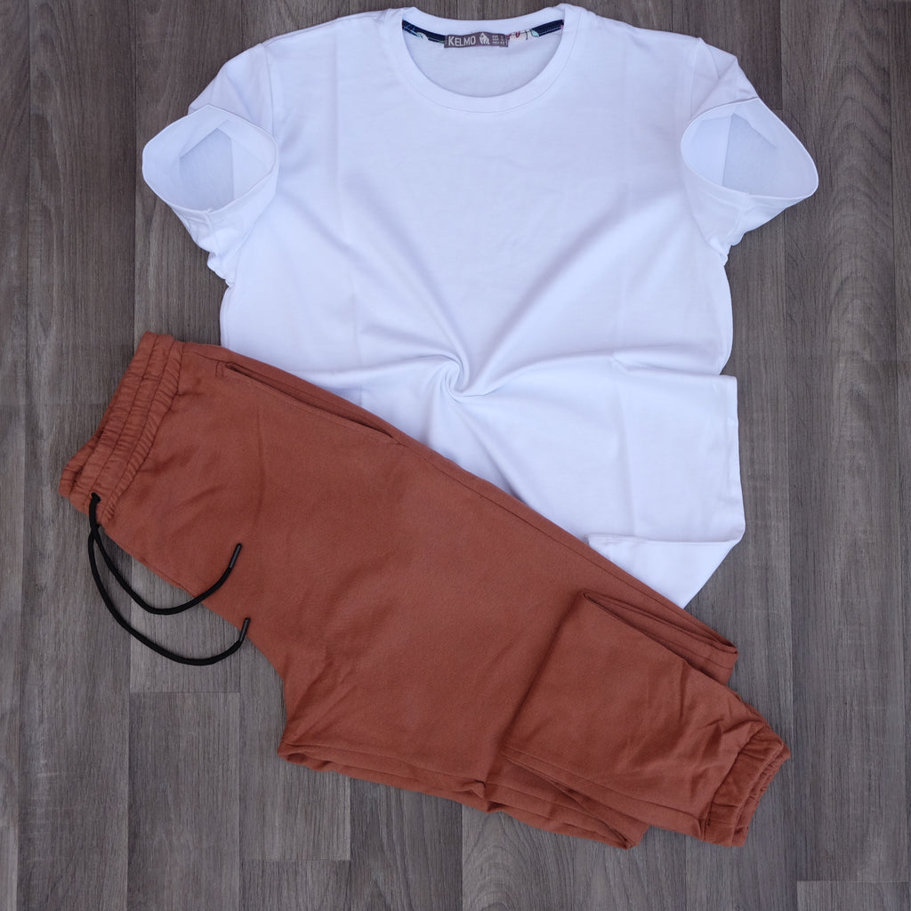 Ensemble T-Shirt Blanc+ Jogging Marron Clair