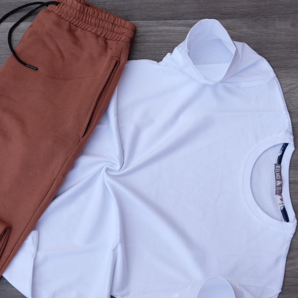 Ensemble T-Shirt Blanc+ Jogging Marron Clair