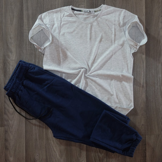 Ensemble T-Shirt Gris Chine Clair + Jogging Bleu Marine