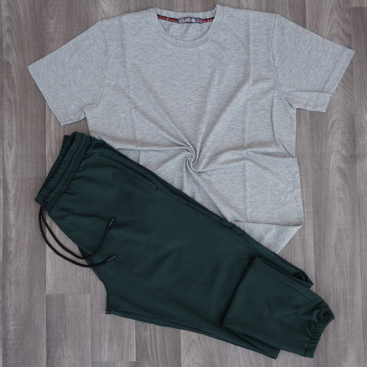 Ensemble T-Shirt Gris Chine Clair+ Jogging Vert Bouteille