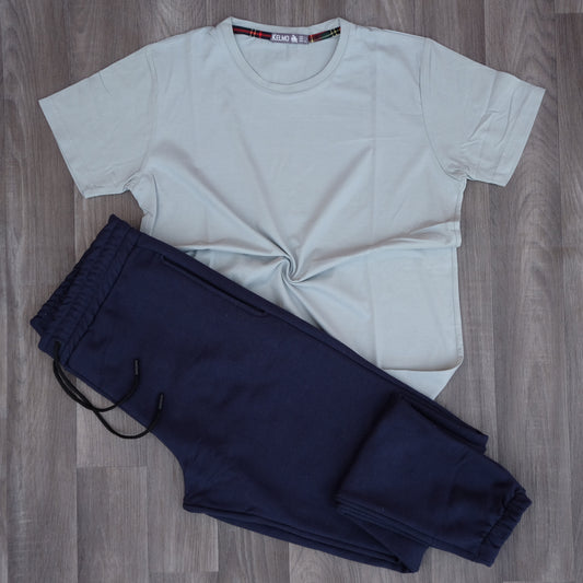 Ensemble T-Shirt Gris Clair + Jogging Bleu Nuit
