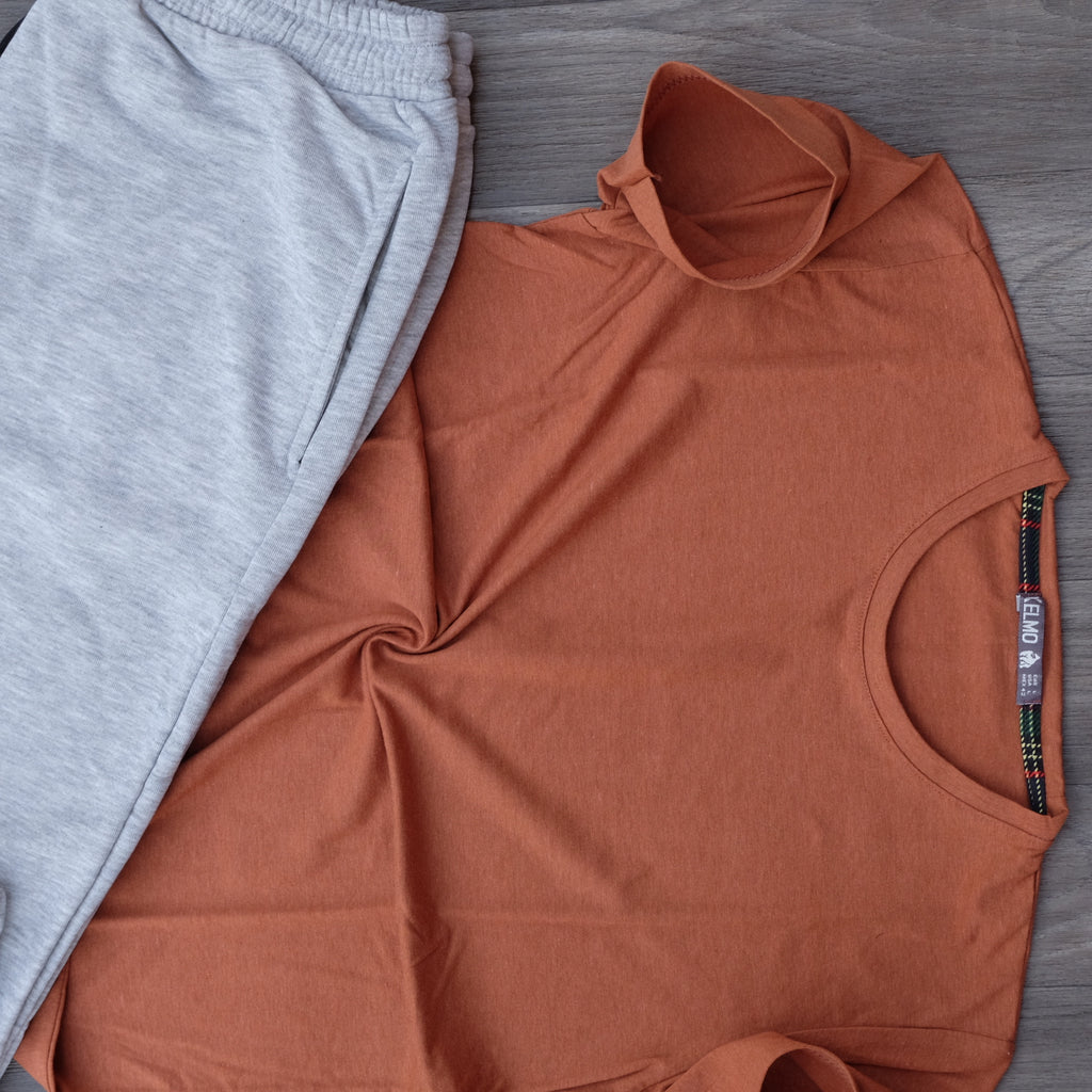 Ensemble T-Shirt Marron Chine + Jogging Gris Chine Clair