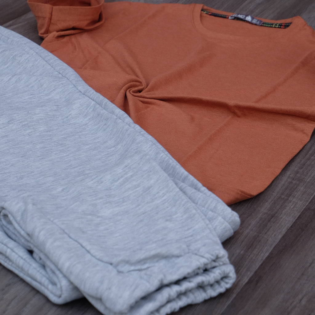 Ensemble T-Shirt Marron Chine + Jogging Gris Chine Clair