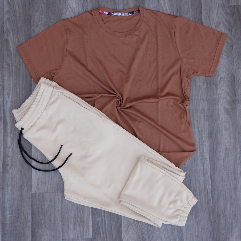 Ensemble T-Shirt Rouge Brique + Jogging Beige Clair