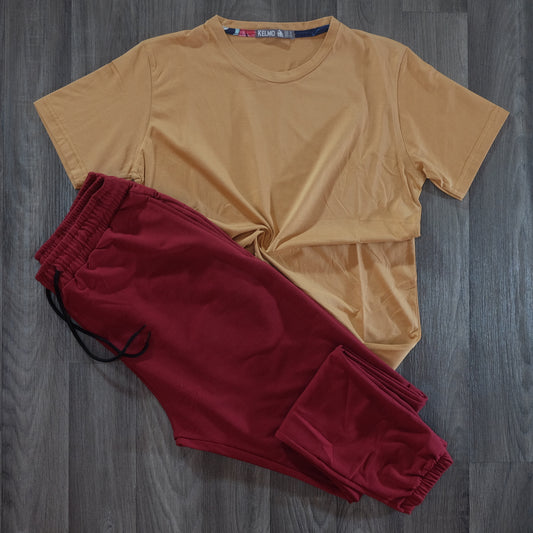 Ensemble T-Shirt Marron Clair+ Jogging Grenat