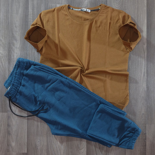 Ensemble T-Shirt Marron + Jogging Bleu Canard