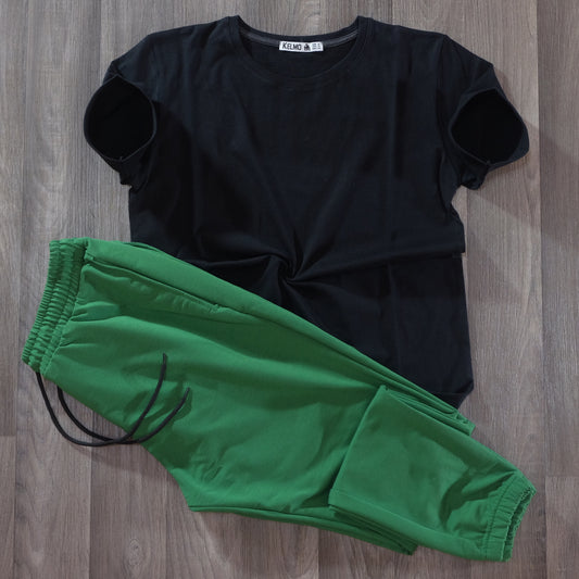 Ensemble T-Shirt Noir + Jogging Vert Gazon