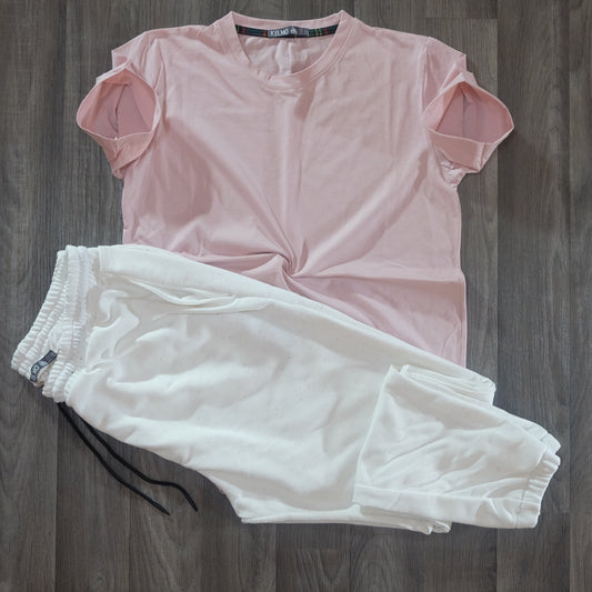 Ensemble T-Shirt Rose Clair + Jogging Blanc Chine