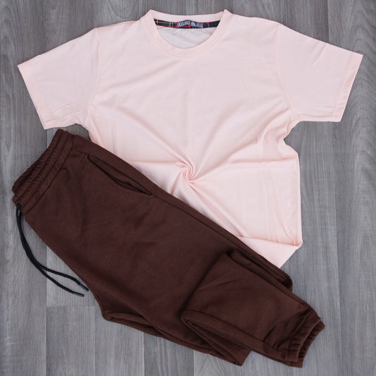 Ensemble T-Shirt Saumon Clair + Jogging Marron Fonce