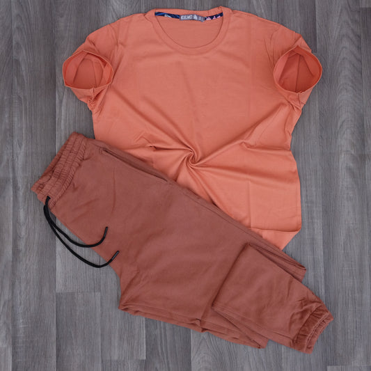 Ensemble T-Shirt Saumon Fonce+ Jogging Marron Clair